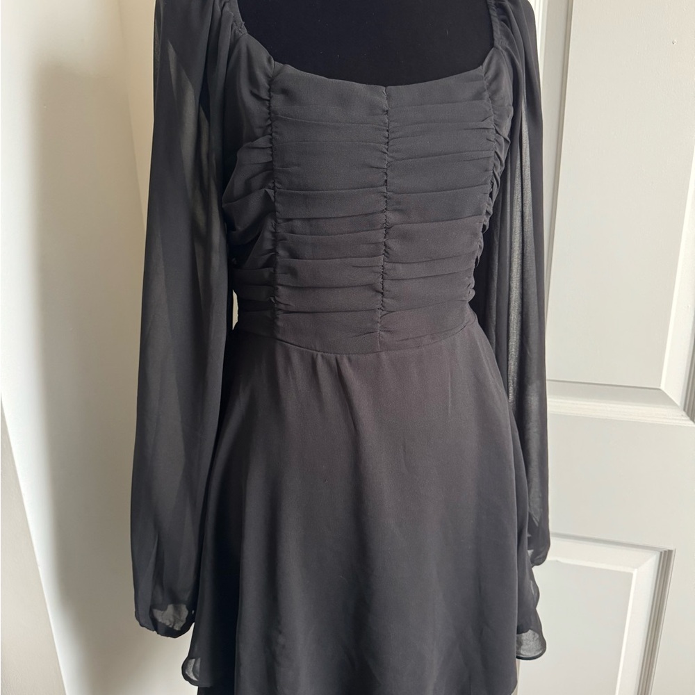 Altar'd State Chiffon Mini Dress Ruched Balloon Sleeve Square Neck M Black